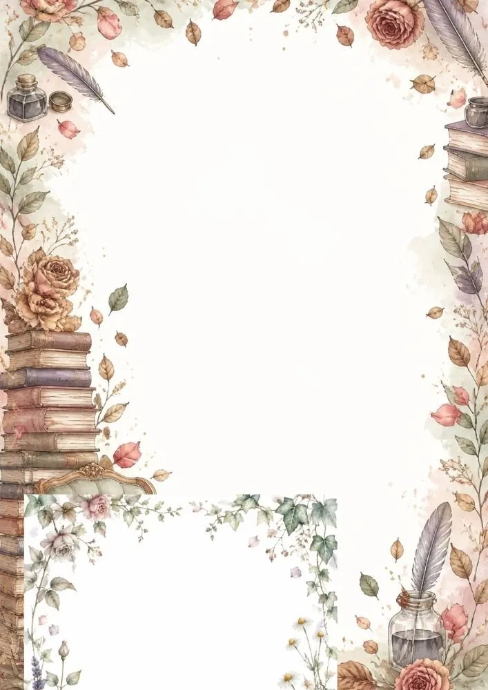 Tea cup, books, flowers, and bookshelf decorating a cozy writing page.