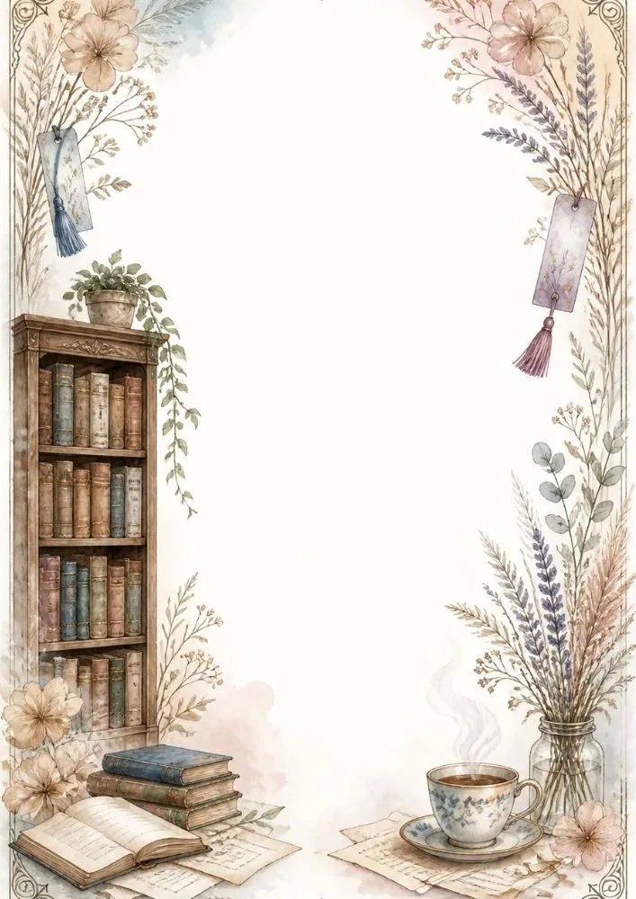 Magnolias, lantern, and stacked books surrounding a blank center area.
