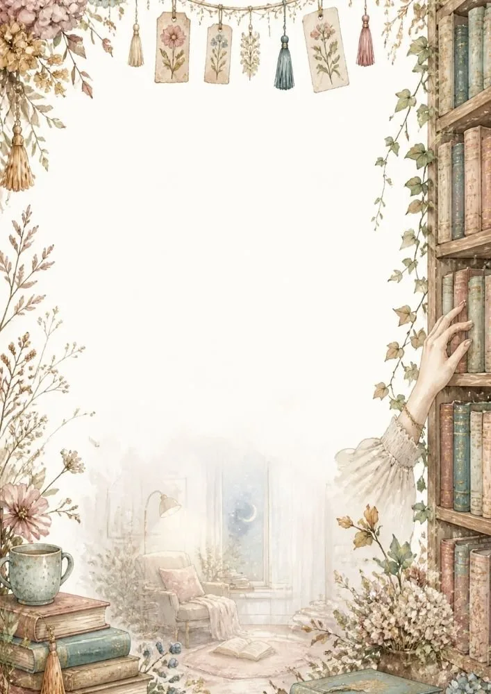 Bookshelves, flowers, hanging bookmarks, and a cozy reading nook framing a blank center.