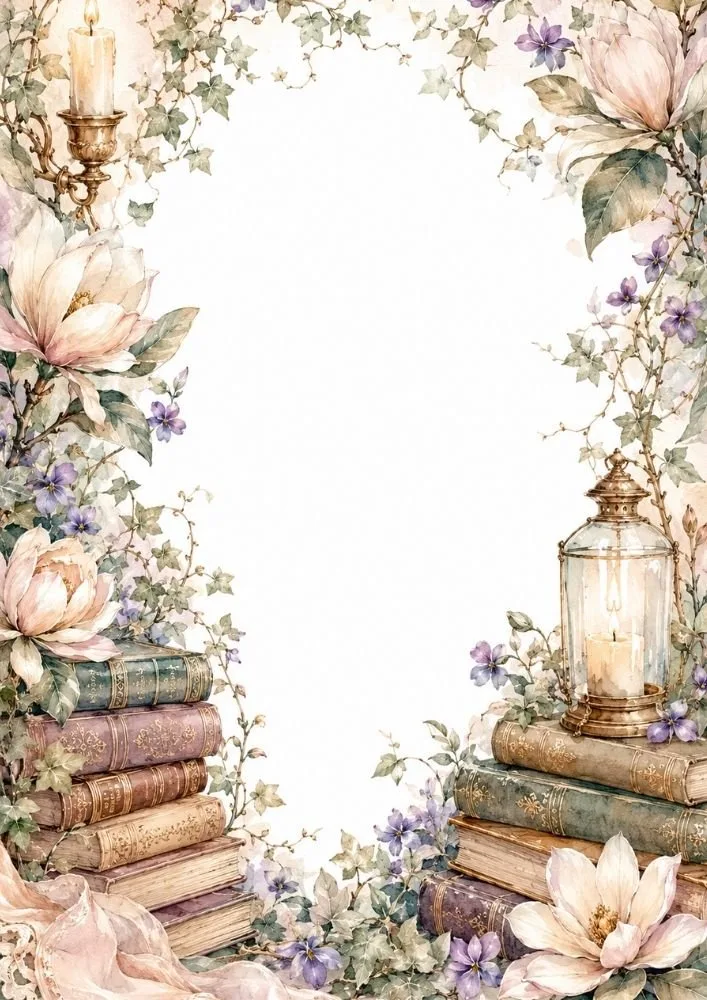 Bookshelf, flowers, bookmarks, and botanical accents framing a blank page.