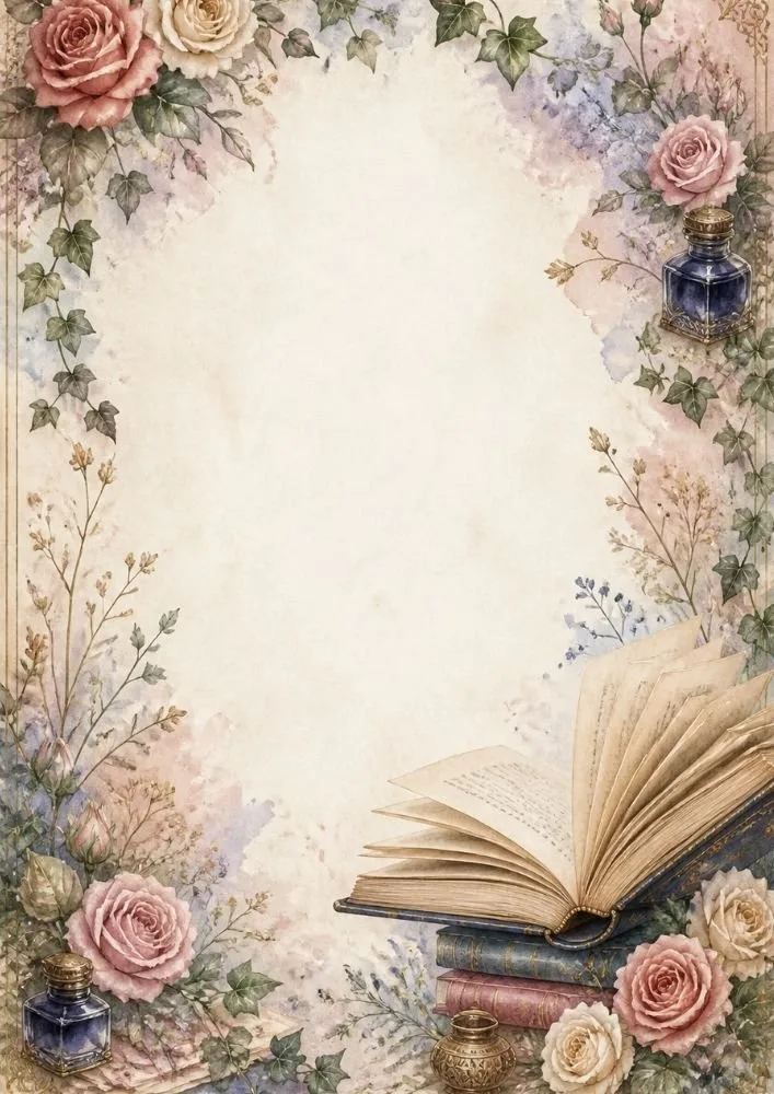 Open antique book with roses, ivy, and ink bottles decorating a vintage border.