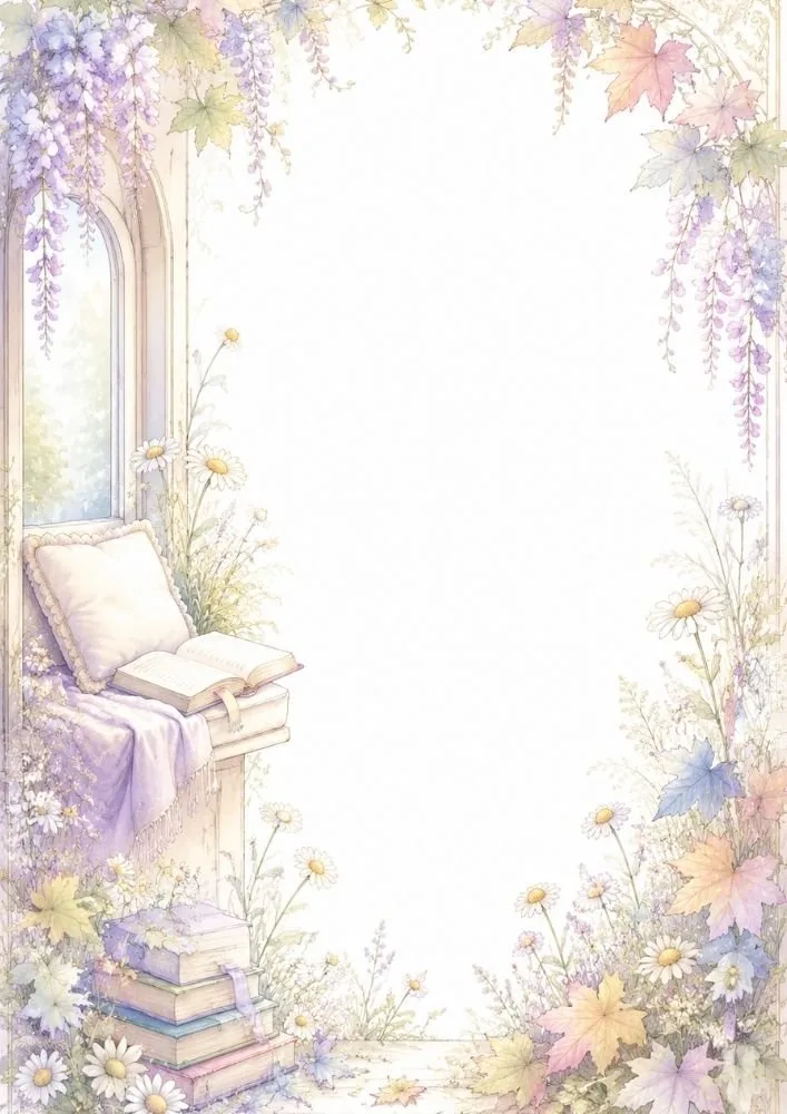 Window reading nook with books, flowers, and hanging wisteria surrounding a blank center.