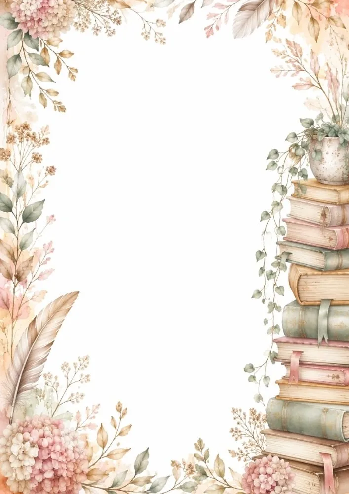 Stacked books, hydrangeas, and botanical accents framing a blank page.