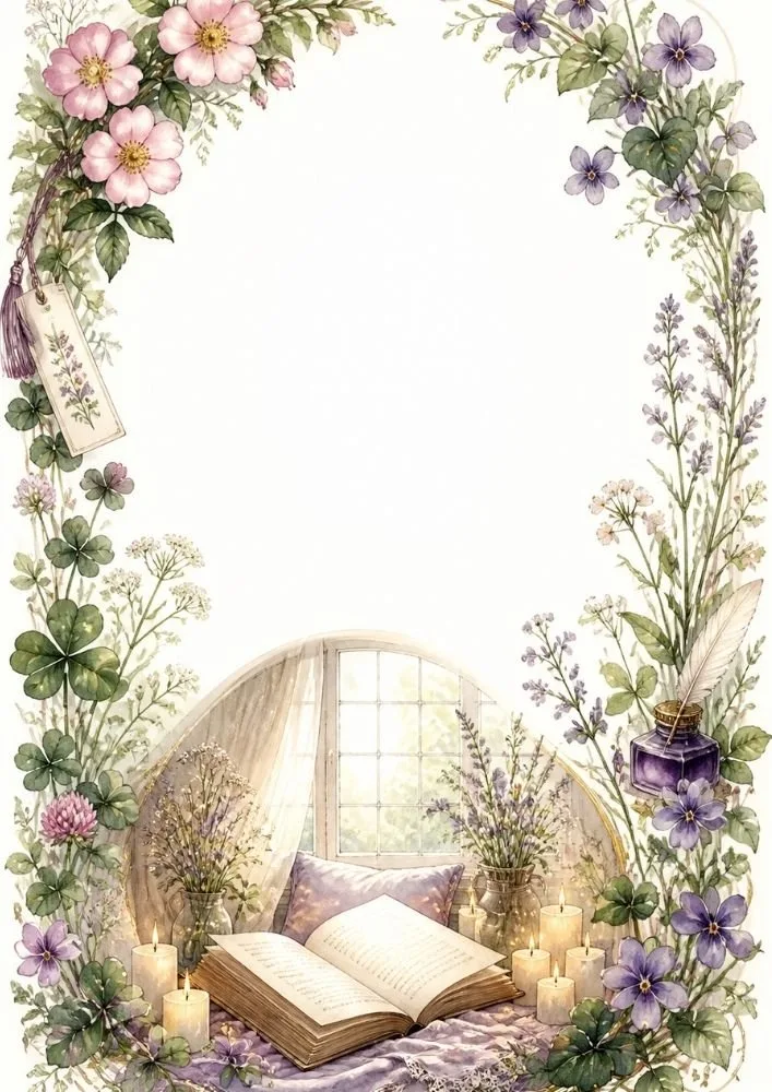 Open book with candles inside a cozy reading nook surrounded by flowers and greenery.