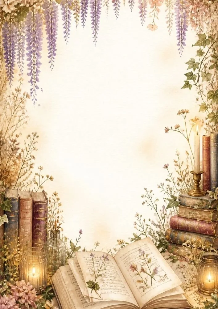 Books, lanterns, candles, and hanging wisteria framing a spacious writing area.