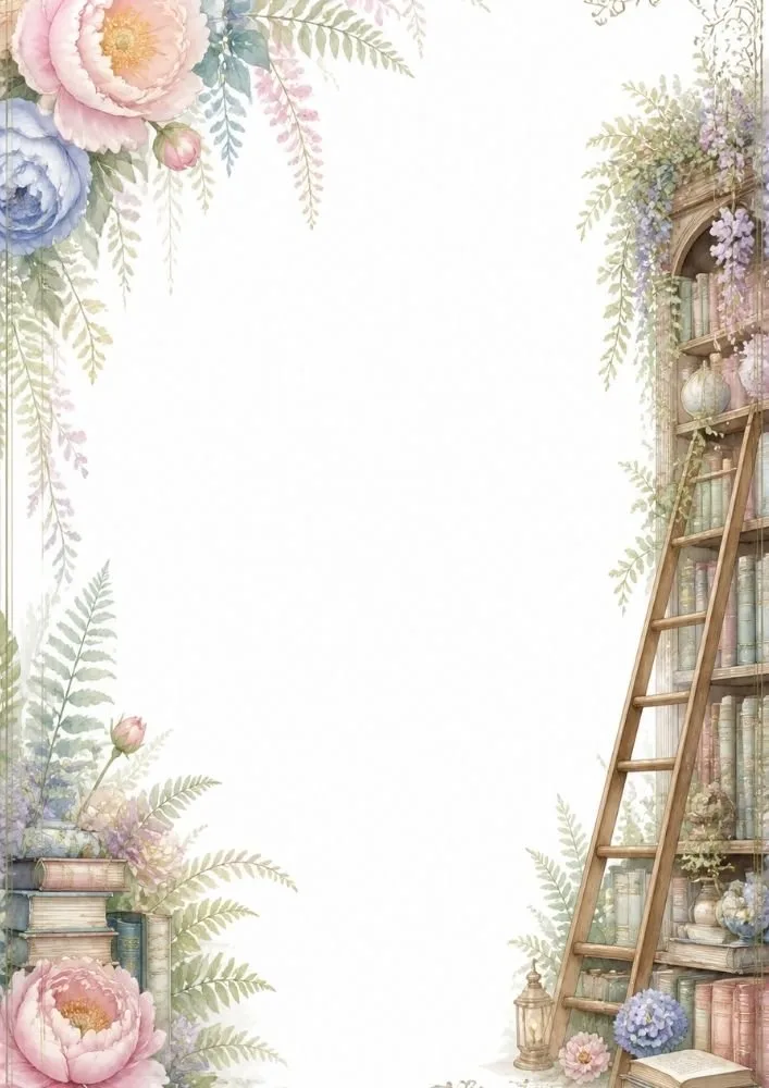 Library ladder beside bookshelves with flowers and foliage decorating the border.