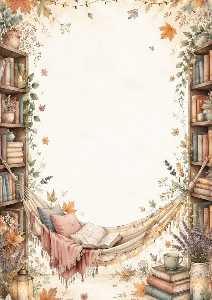 Book-filled hammock between bookshelves with autumn leaves and decorative lights.