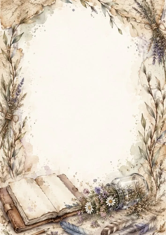 Open vintage journal with lavender flowers and botanical accents around the page.