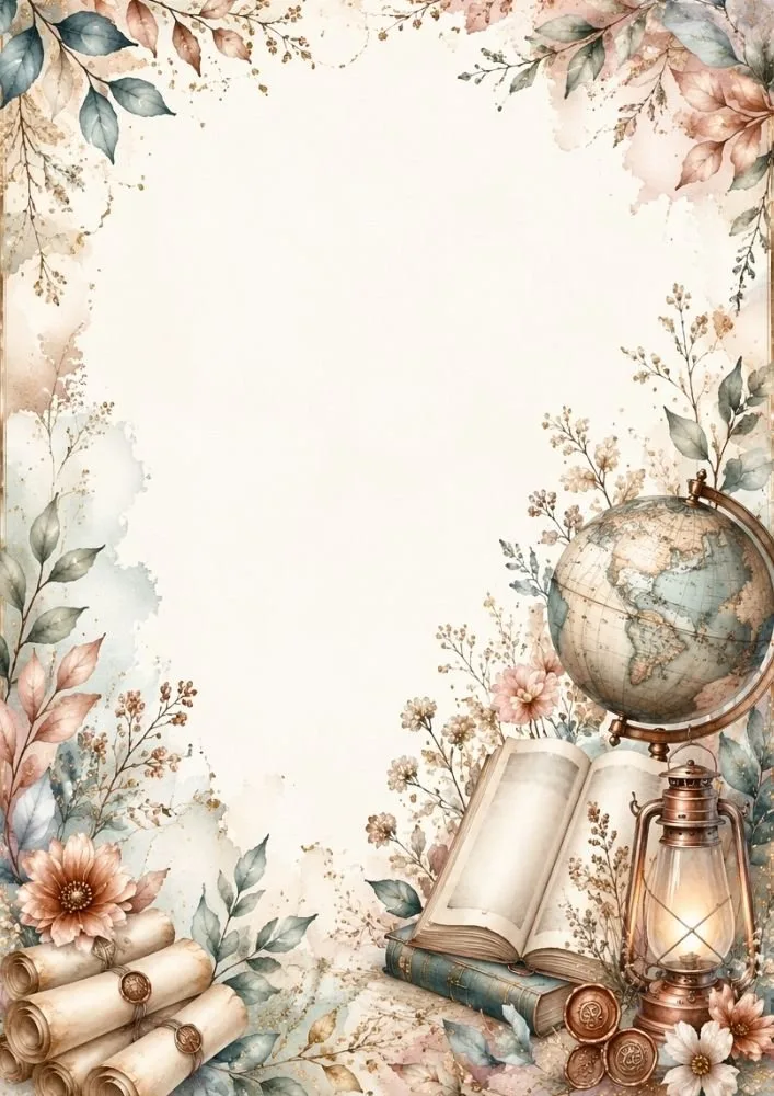 Globe, lantern, books, and rolled maps surrounding a blank writing area.
