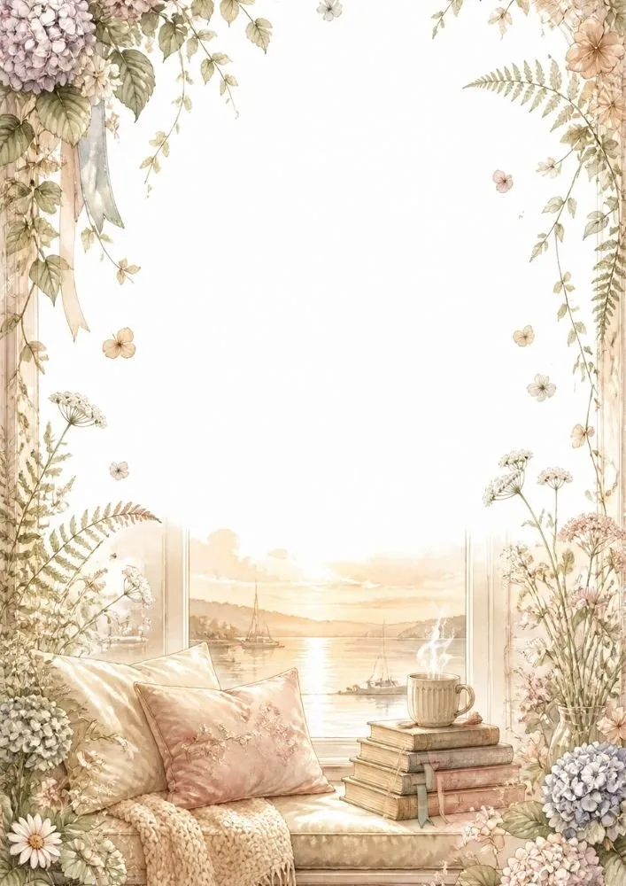 Window seat with books, flowers, and a scenic water view framed around the page.