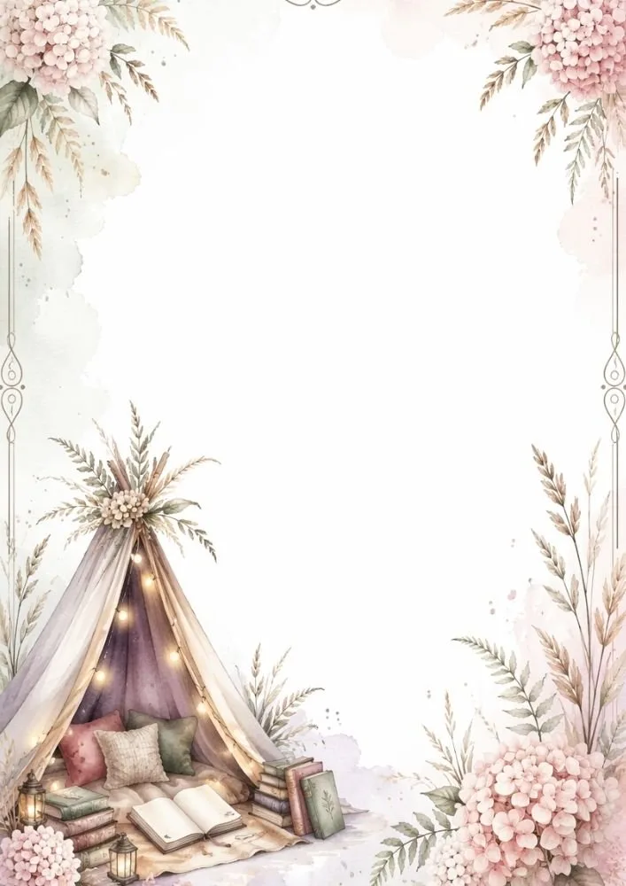 Cozy book-filled tent surrounded by flowers and decorative literary accents.