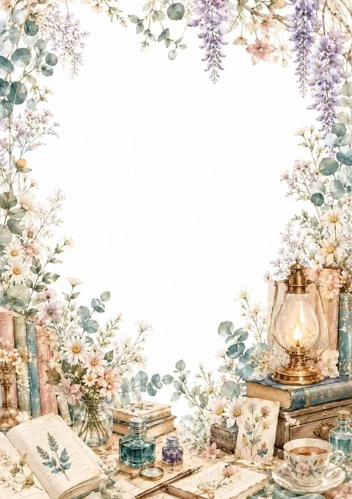 Lantern, books, flowers, and writing supplies surrounding an open center space.