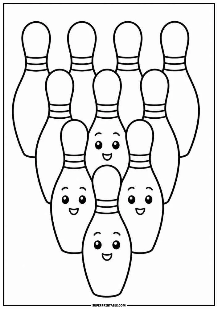 Bowling pins arranged in a bowling setup with smiling faces.