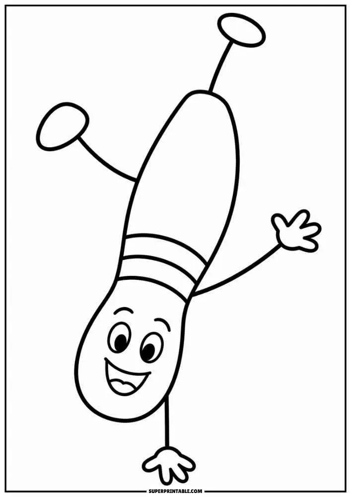 A bowling pin doing a handstand and smiling.