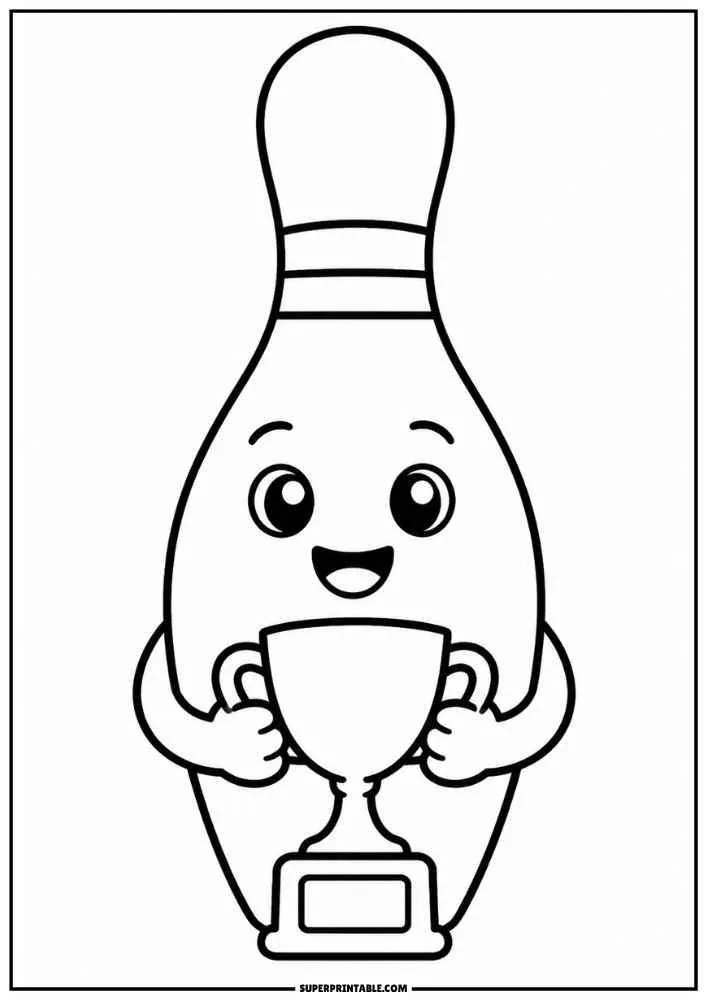 A smiling bowling pin holding a trophy cup.