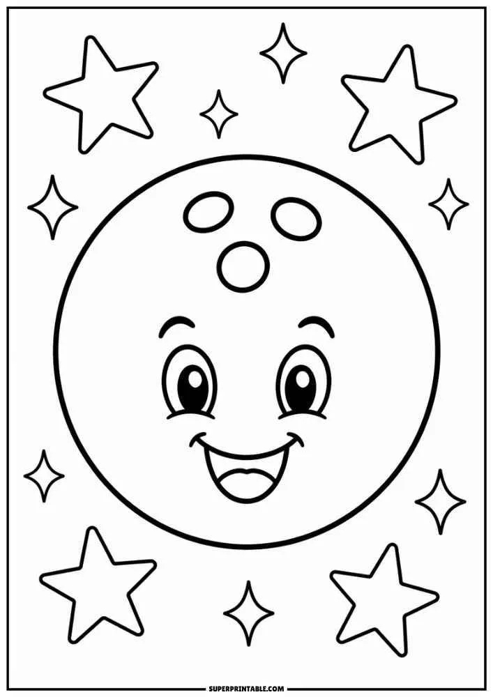 A smiling bowling ball surrounded by stars.