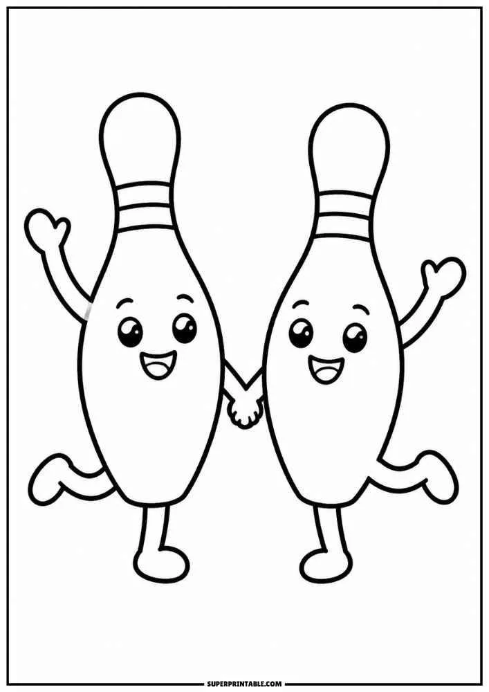 Two bowling pins holding hands and dancing.