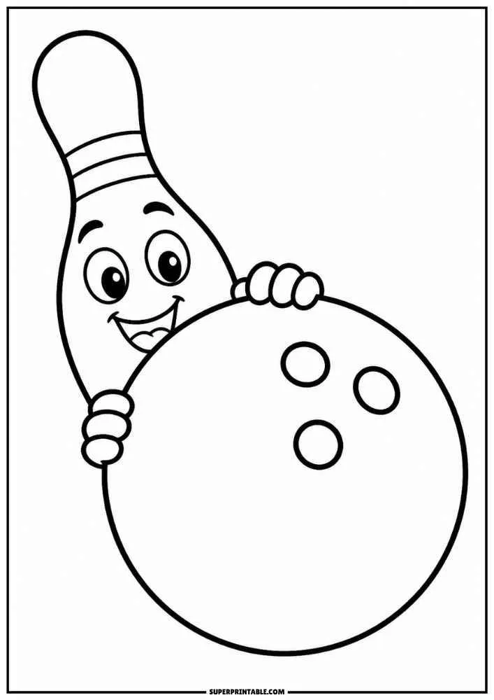 A bowling pin peeking from behind a large bowling ball.