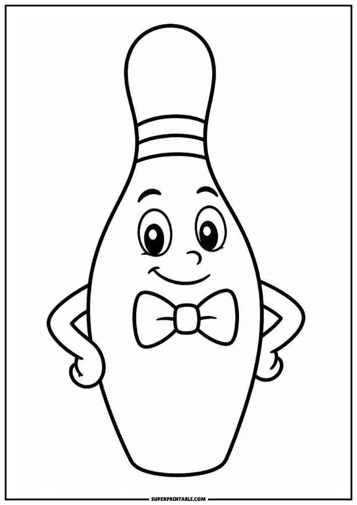 A bowling pin wearing a bow tie and smiling.