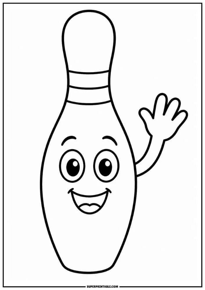 A smiling bowling pin waving one hand.
