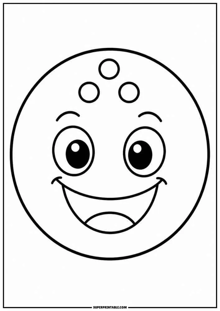 A happy bowling ball with three finger holes and a smiling face.
