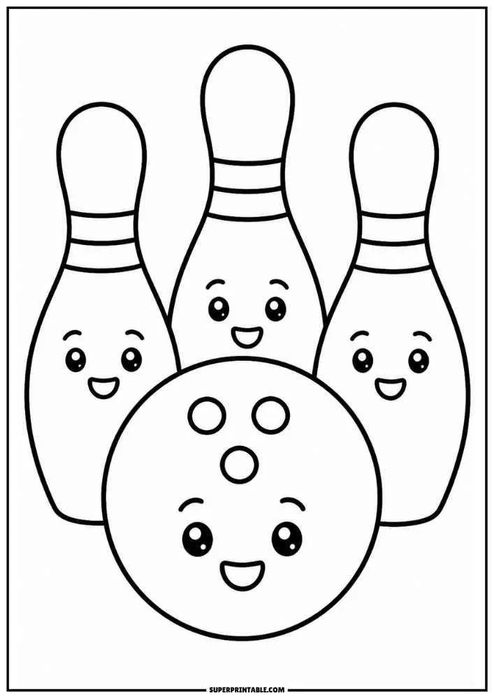 A bowling ball with three smiling bowling pins behind it.