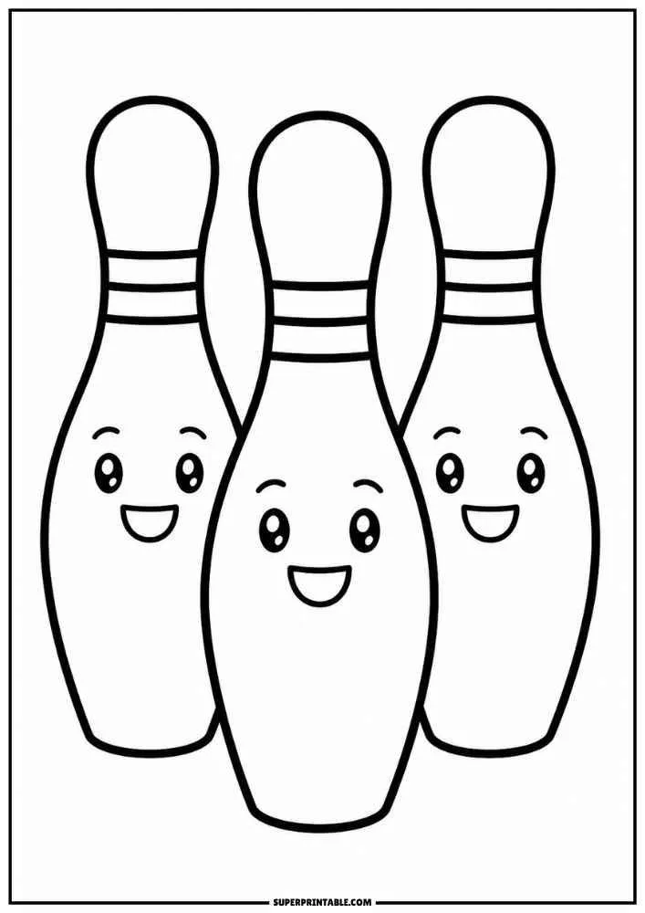 Three smiling bowling pins standing side by side.