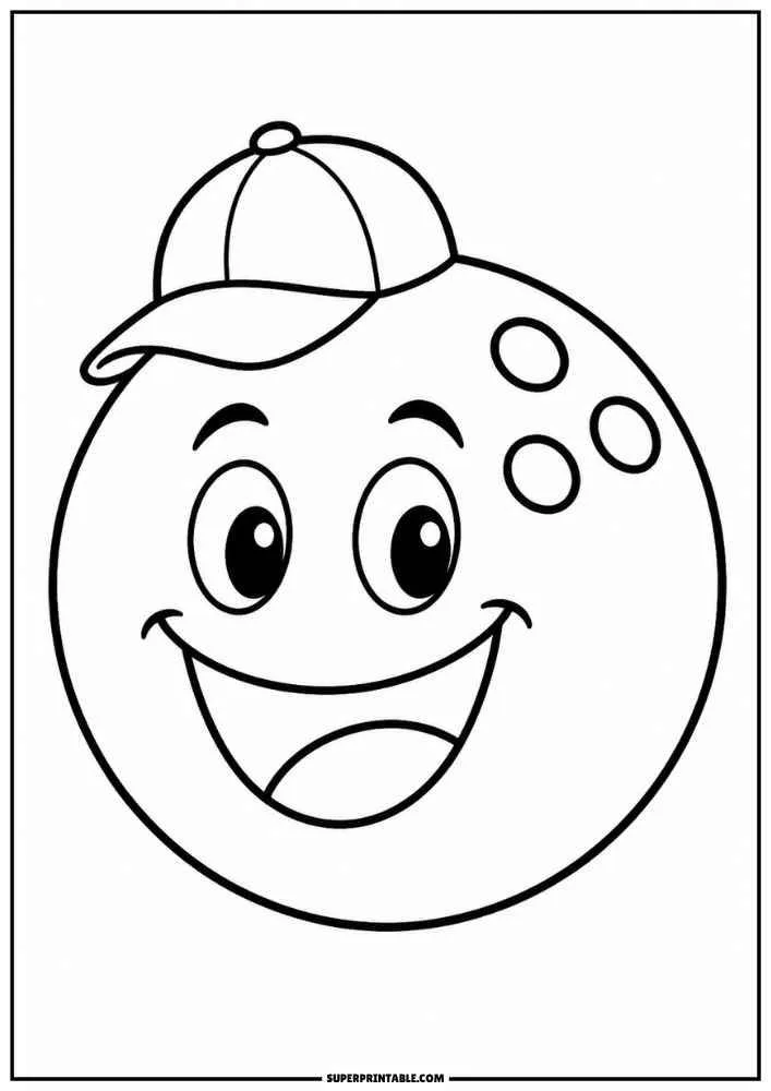 A smiling bowling ball wearing a baseball cap.
