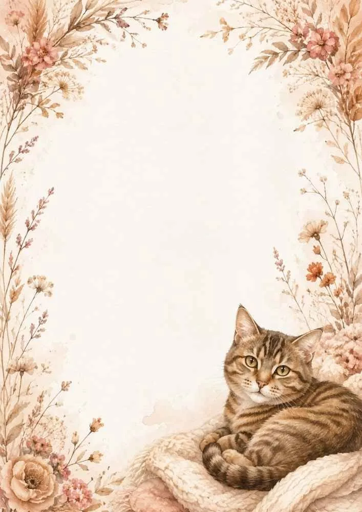 A watercolor border page with soft flowers around the edges and a brown tabby cat resting on a knitted blanket in the lower right corner. Large blank space fills the center.