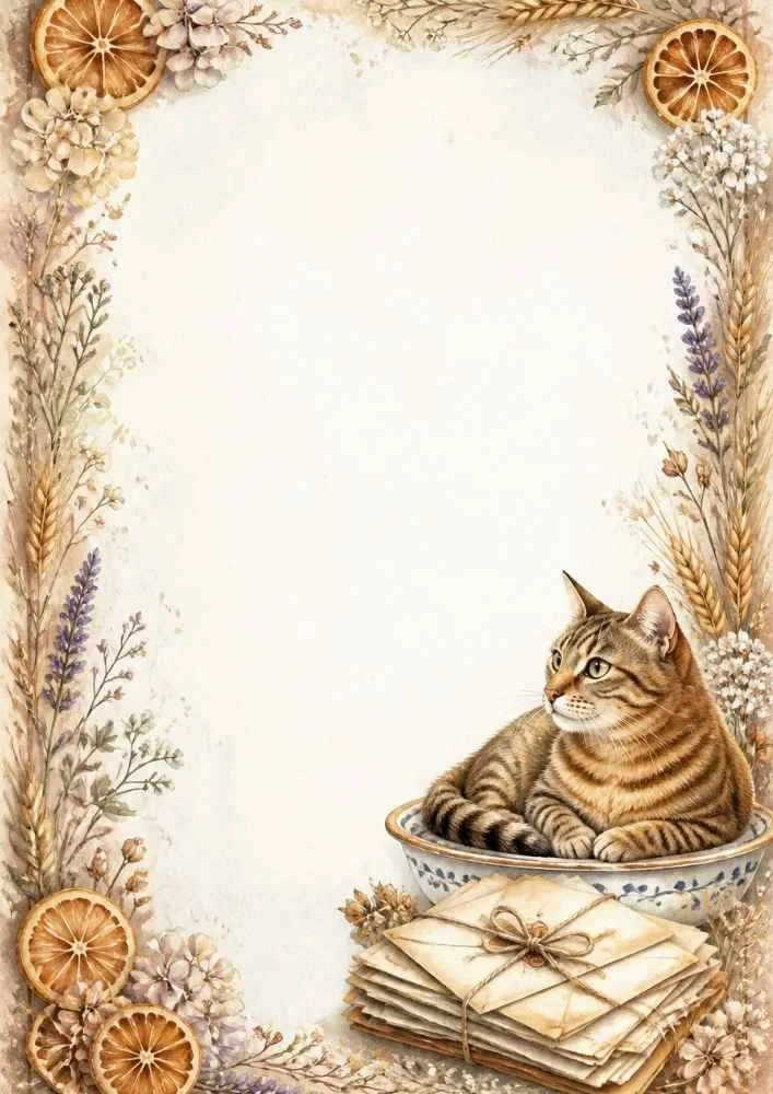 A watercolor border page showing a tabby cat in a bowl beside a stack of tied letters. Dried orange slices and flowers decorate the border.