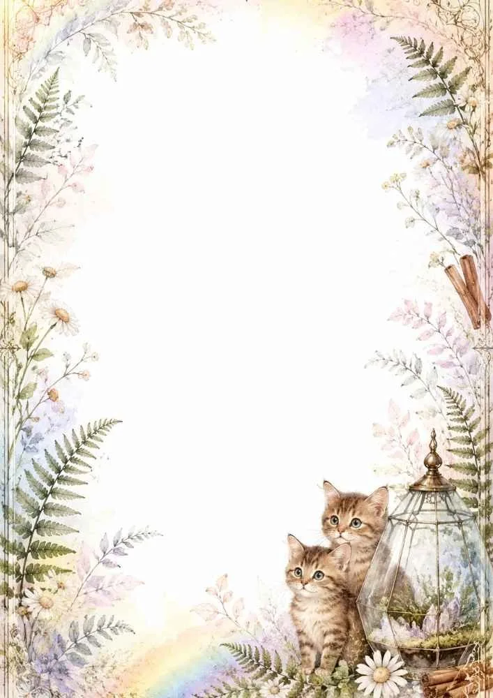 A watercolor border page featuring two kittens near a glass terrarium. Ferns, flowers, and a rainbow detail frame the blank center area.