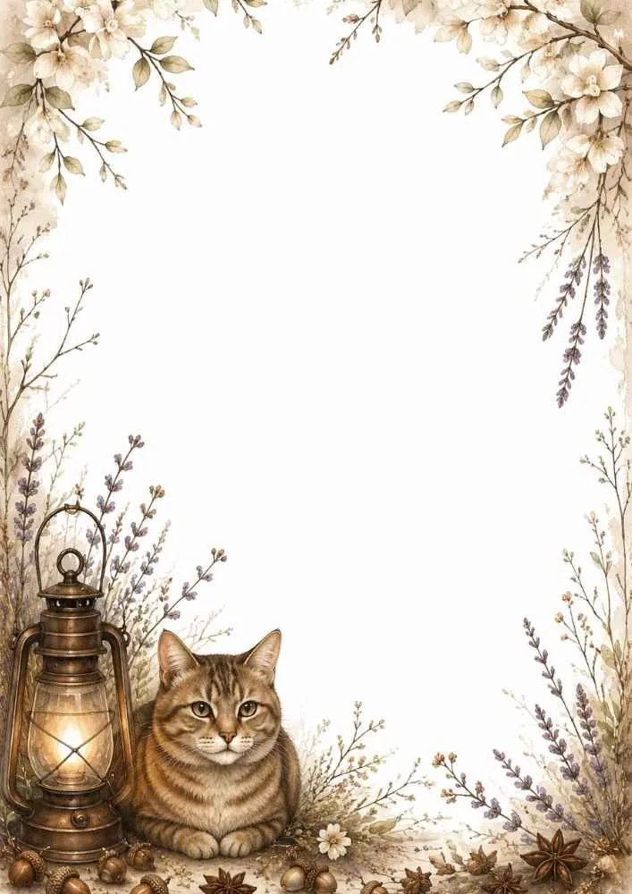 A watercolor border page with a brown tabby cat beside an old lantern. Flowers, lavender, acorns, and leaves decorate the border around a blank center.