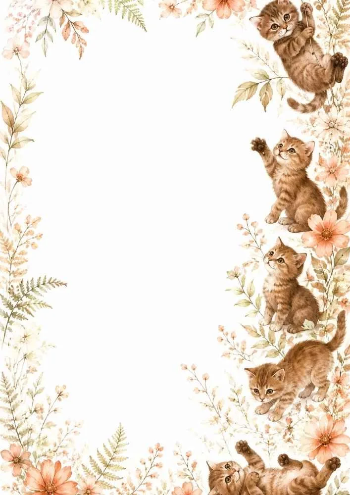 A watercolor border page featuring multiple kittens in different playful poses along the right side. Flowers and greenery surround a large blank center.
