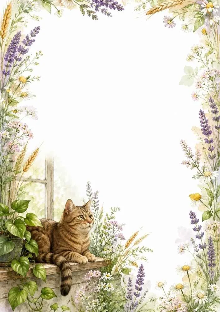 A watercolor border page showing a tabby cat sitting near a window. Lavender, daisies, flowers, and leafy plants frame the blank center.
