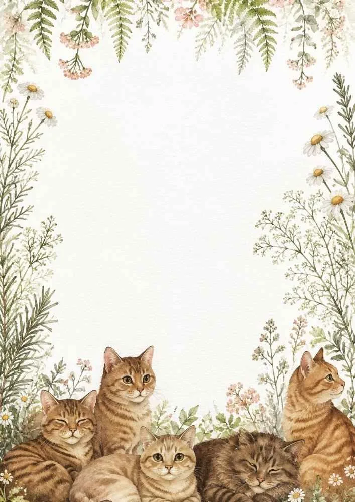 A watercolor border page featuring five cats resting together among flowers and greenery at the bottom. A large blank area fills the center.
