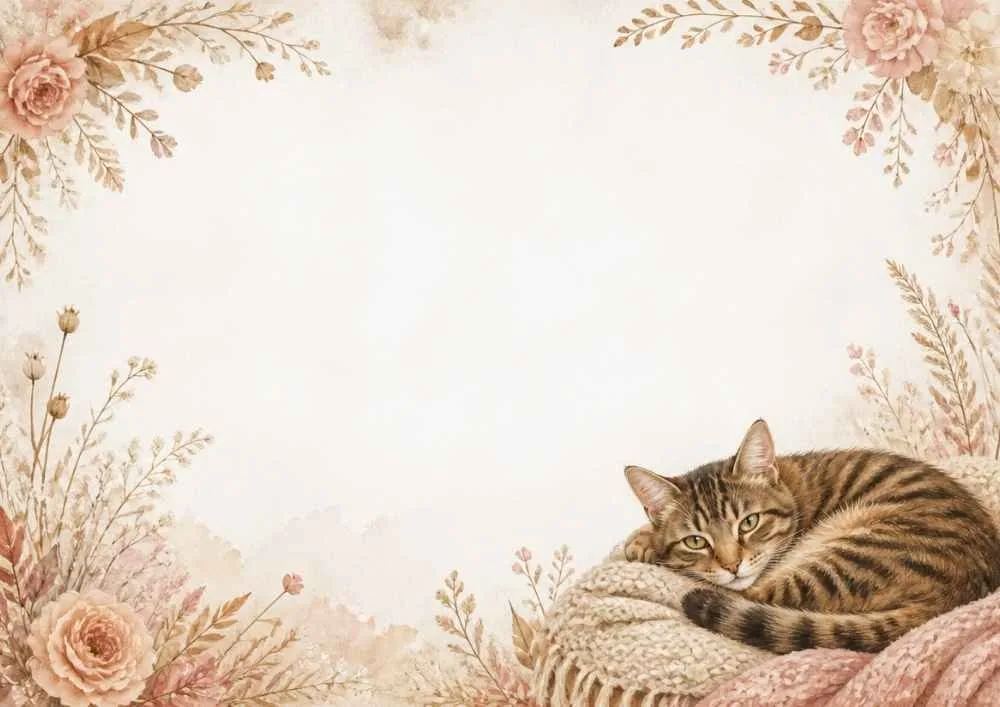 A watercolor border page with a resting tabby cat on a knitted blanket. Flowers and delicate foliage decorate the corners around a blank center.
