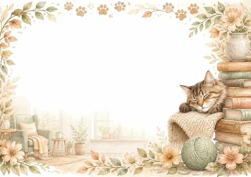 A watercolor border page showing a sleeping cat on stacked books with yarn, flowers, and a cozy room in the background. Large blank center area.