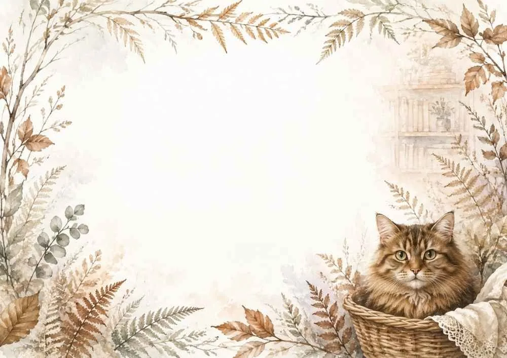 A watercolor border page featuring a fluffy brown cat in a wicker basket. Ferns, leaves, books, and woodland details frame a blank center.