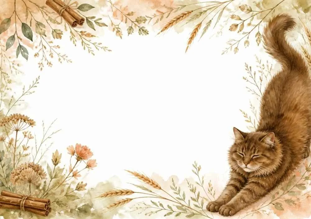 A watercolor border page with a stretching brown cat surrounded by flowers, wheat, greenery, and cinnamon sticks. Large blank center area.