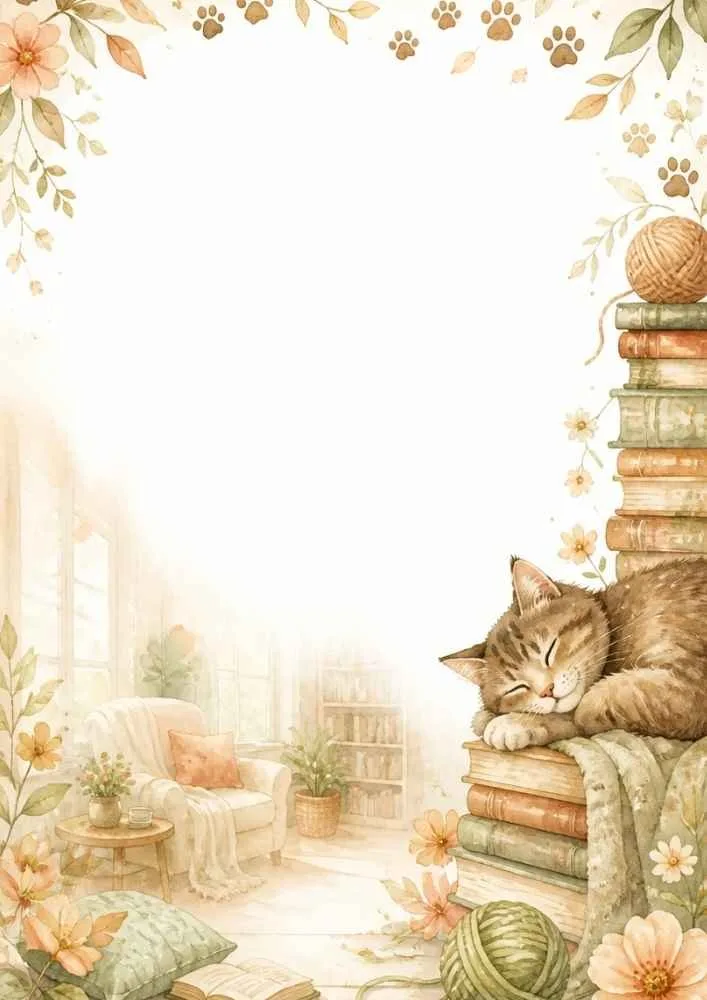 A watercolor page border featuring a sleeping brown cat on stacked books, yarn balls, flowers, paw prints, and a cozy room scene with a large blank center.