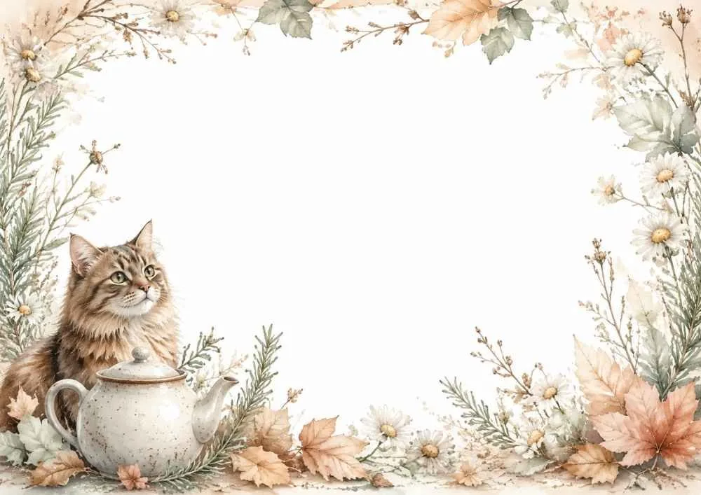 A watercolor border page showing a fluffy cat next to a teapot. Flowers, daisies, leaves, and garden plants frame the blank center.