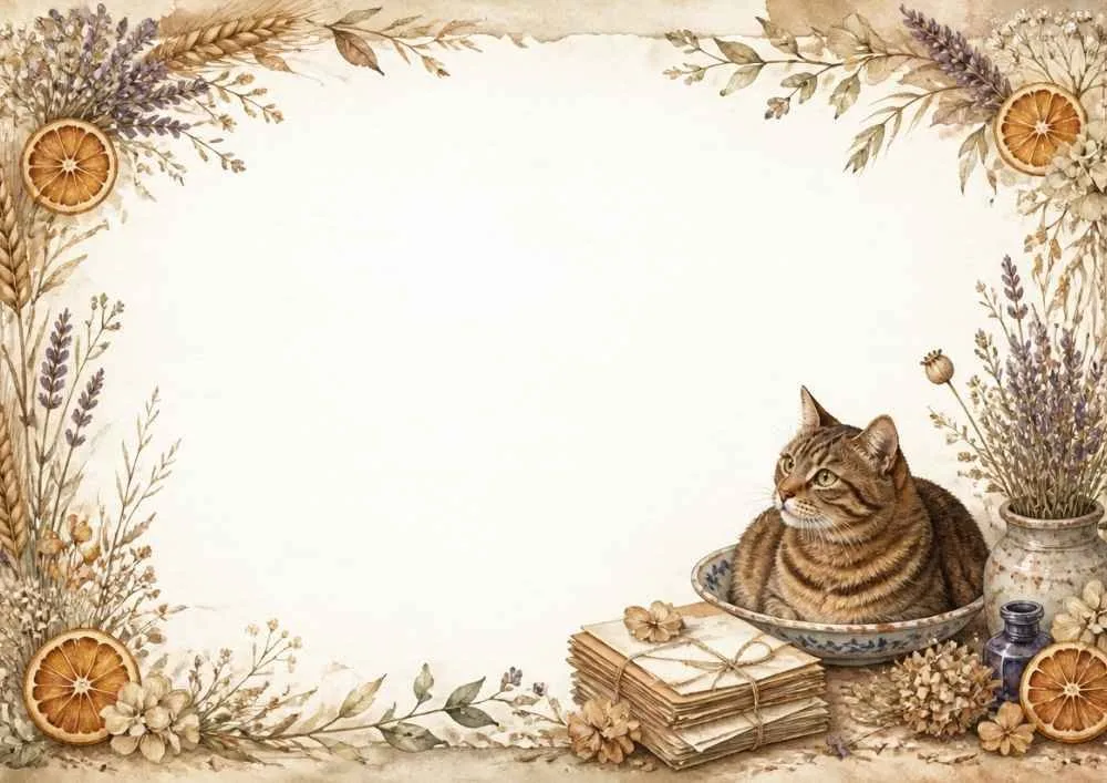 A watercolor border page with a tabby cat in a bowl beside tied letters, lavender, dried orange slices, flowers, and small decorative bottles around a large blank center.