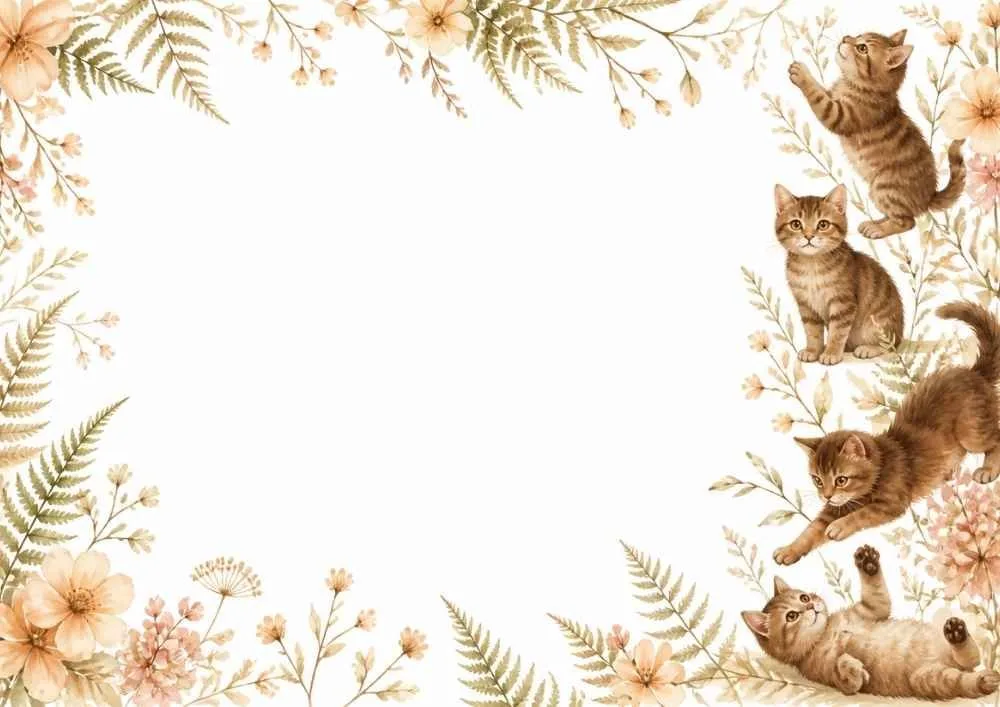 A watercolor border page featuring four kittens in playful poses among flowers and ferns along the right side, with a large blank center area.