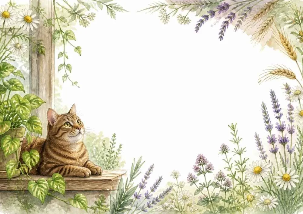 A watercolor border page showing a tabby cat on a wooden window ledge with vines, lavender, daisies, and garden plants framing a blank center.