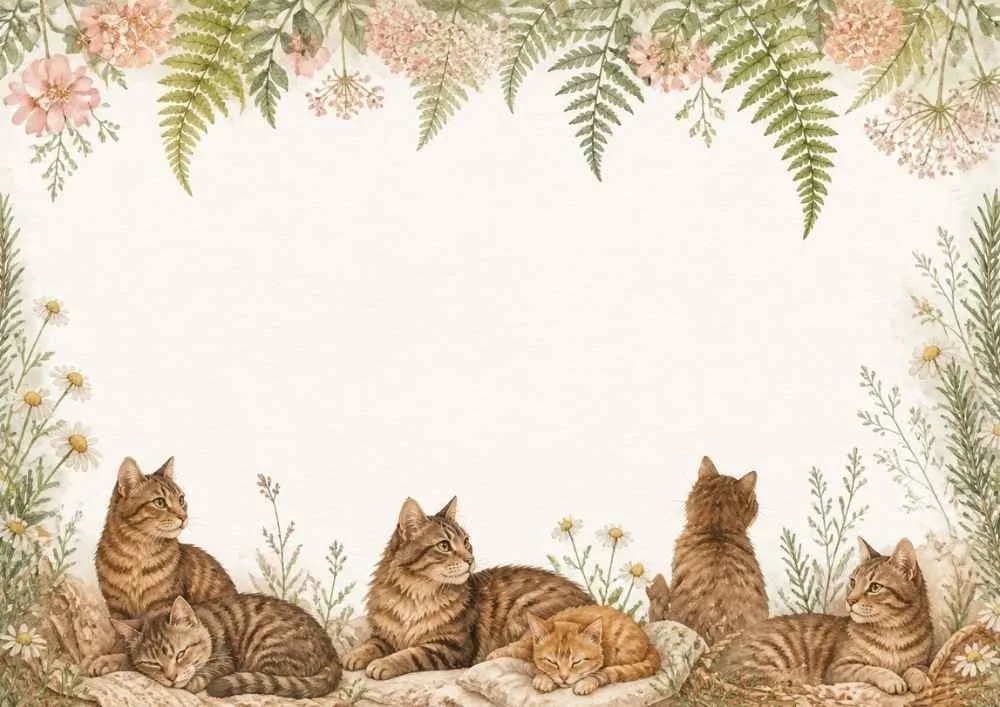A watercolor border page with several cats resting and sitting among wildflowers and plants along the bottom edge, surrounding a large blank center.