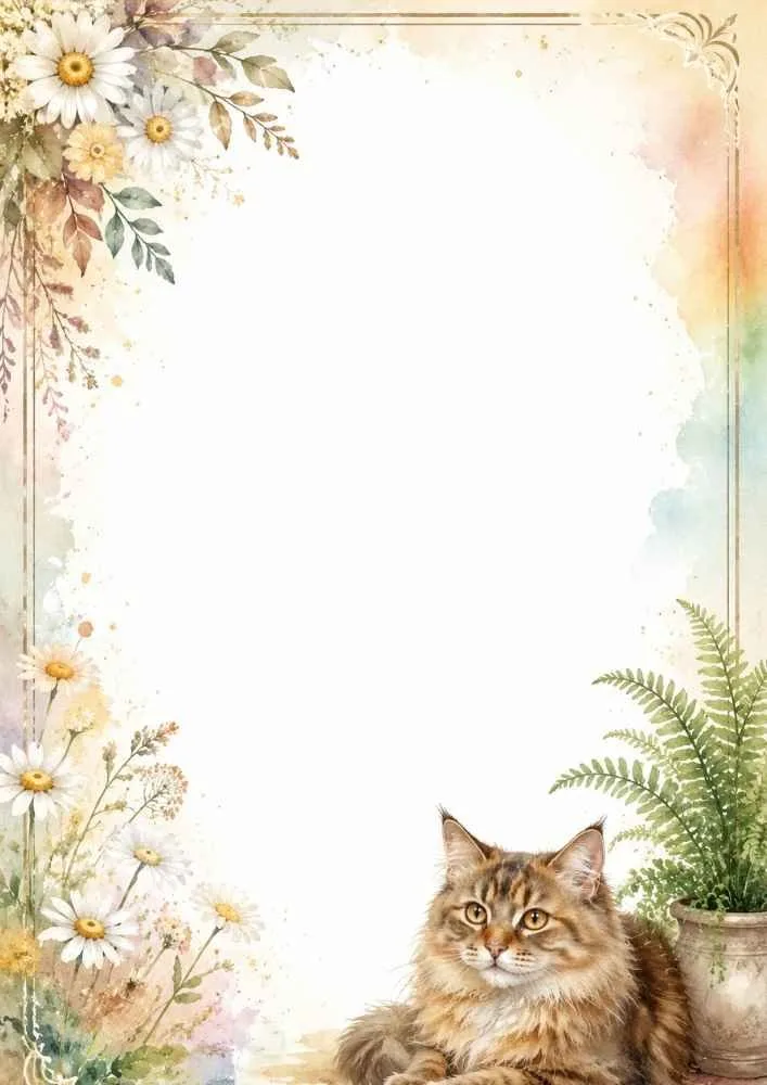 A watercolor border page with daisies, ferns, and a fluffy brown cat near the bottom right. The center area is blank for writing or drawing.