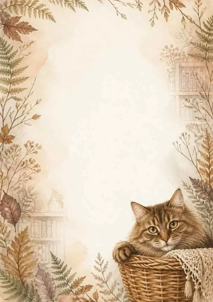A watercolor border page showing a brown cat sitting in a wicker basket with a knitted blanket. Ferns, leaves, and books decorate the border.