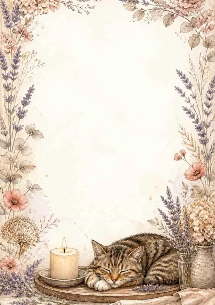 A watercolor border page featuring a sleeping tabby kitten beside a candle, lavender bouquets, flowers, and vases surrounding a large blank center.