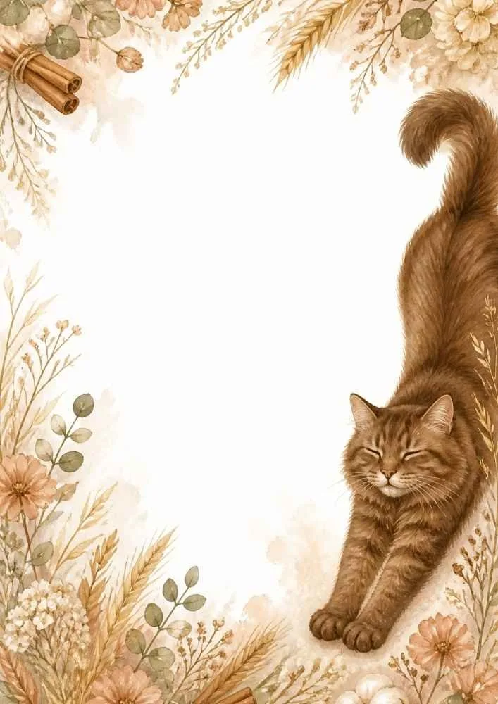A watercolor border page with a stretching brown cat, flowers, wheat, cinnamon sticks, and greenery framing a large blank center area.