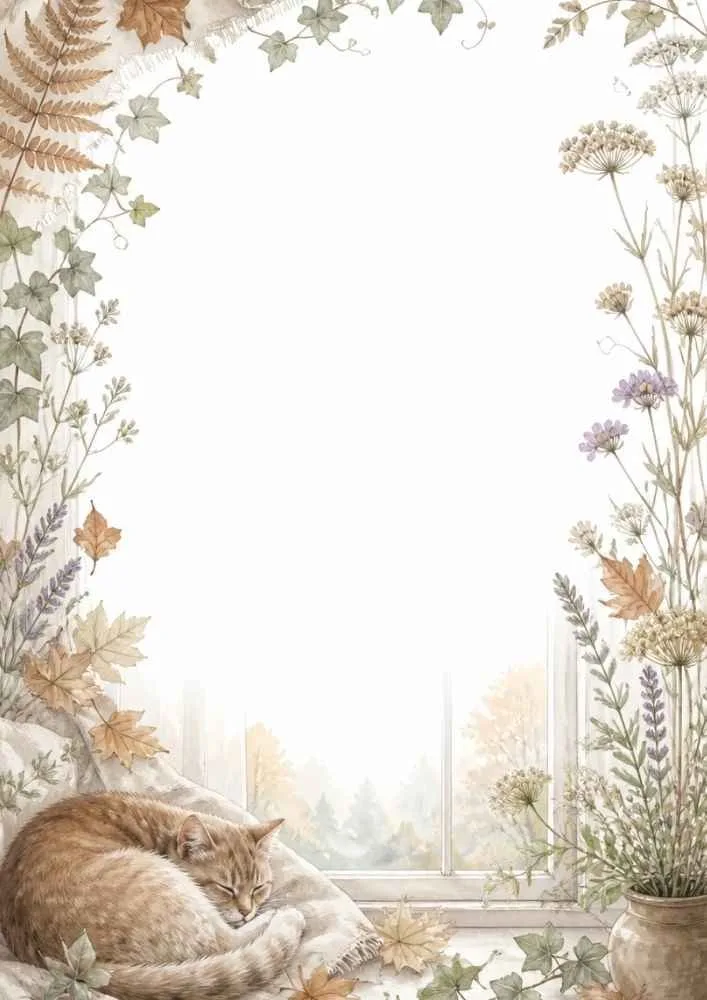 A watercolor border page showing a sleeping cat on a cushion near a window. Ivy, flowers, leaves, and plants frame the blank center.